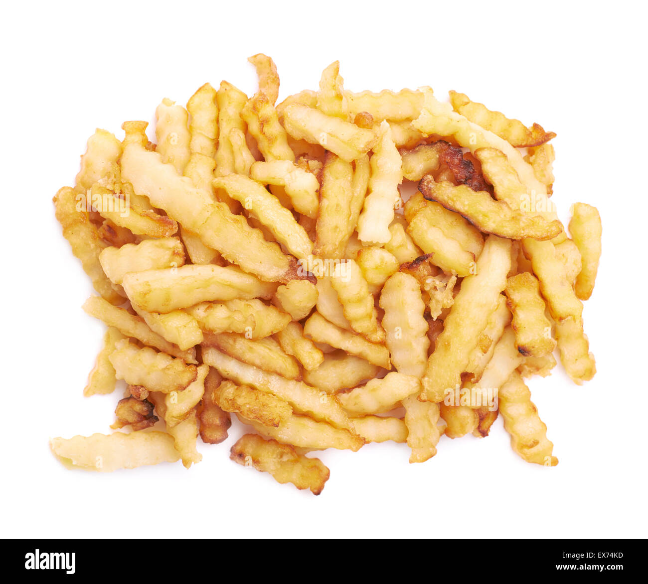 Haufen von mehreren gewellten Pommes frites isoliert Stockfoto