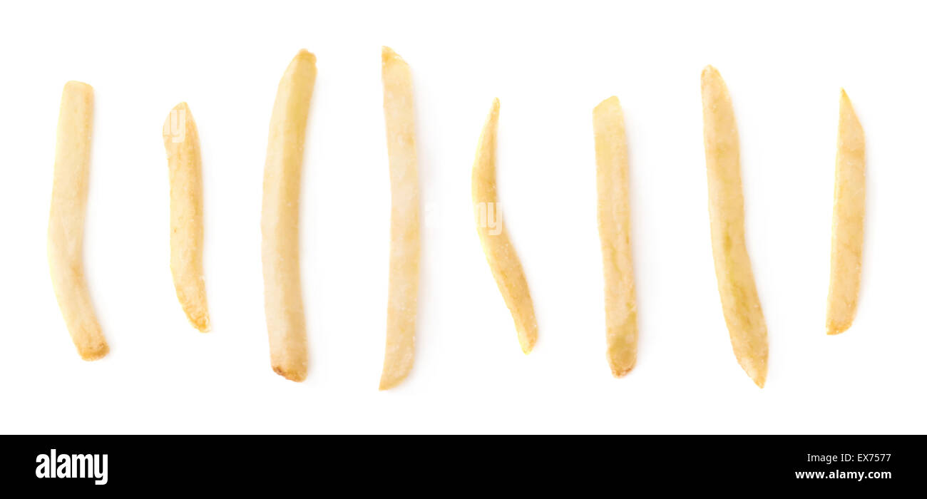 Reihe von einzelnen Pommes frites isoliert Stockfoto