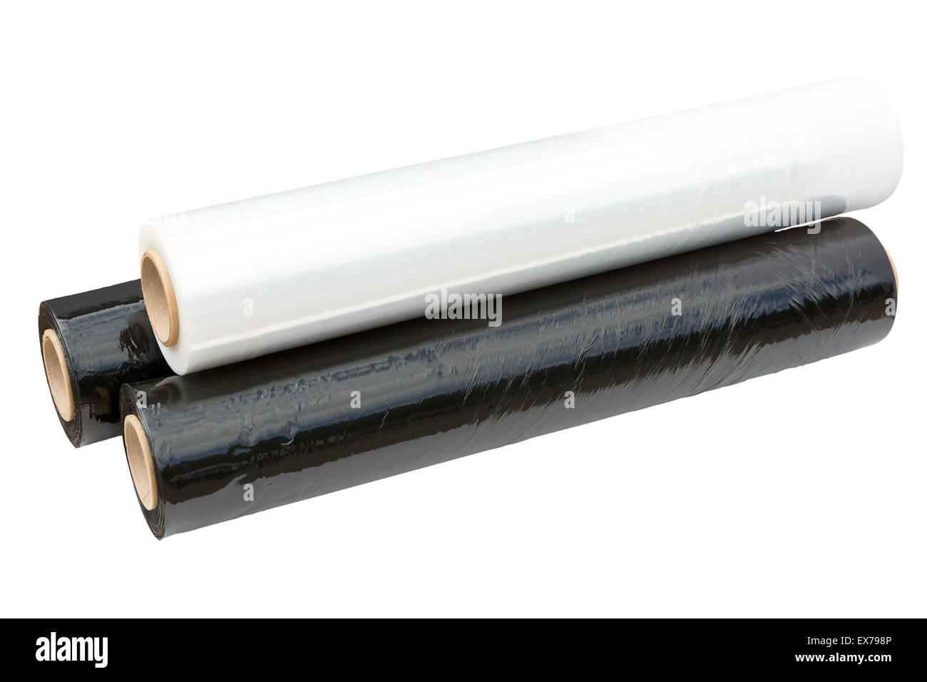 Drei Rollen Stretchfolie Verpackung Schwarz und transparent. Verpackungsfolie. Isoliert auf weißem Hintergrund. Stockfoto