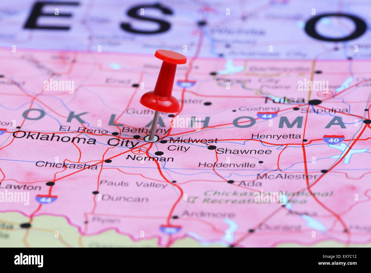 Oklahoma City auf einer Karte von USA merken Stockfoto