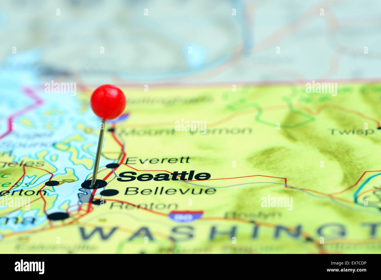 Seattle fixiert auf einer Karte von USA Stockfoto