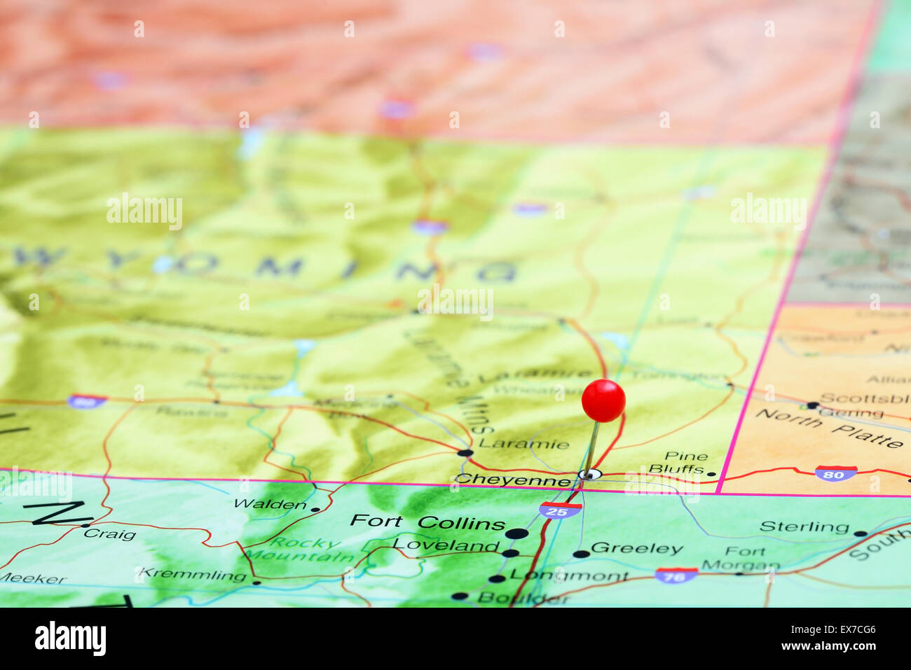 Cheyenne, fixiert auf einer Karte von USA Stockfoto