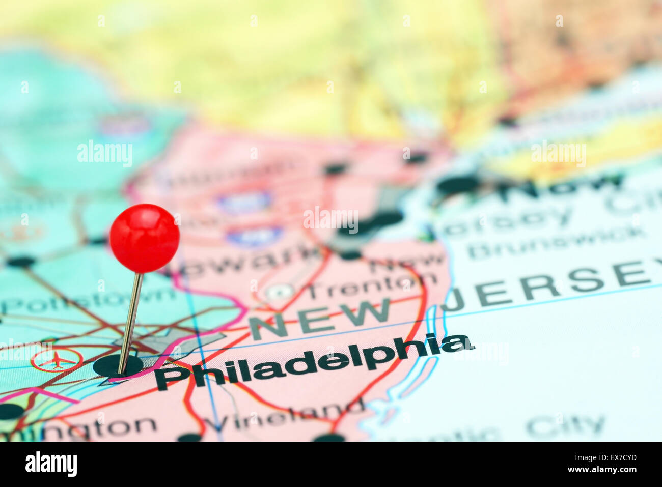 Philadelphia, fixiert auf einer Karte von USA Stockfoto