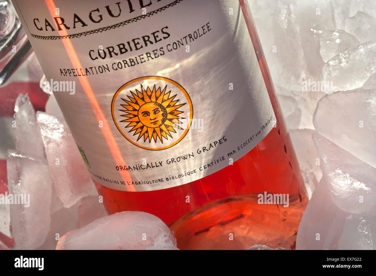 Flasche des Corbieres Chateau de Caraguilhes rose Wein mit biologisch angebauten Trauben Label in sonnendurchfluteten Weinkühler Natur Stockfoto