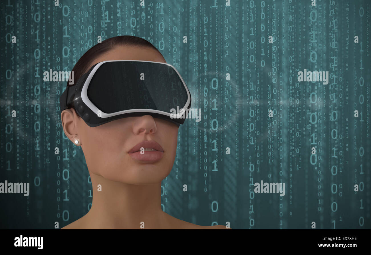 3D Abbildung einer Frau trägt eine virtueller Realität Head mounted Display (HMD). Stockfoto