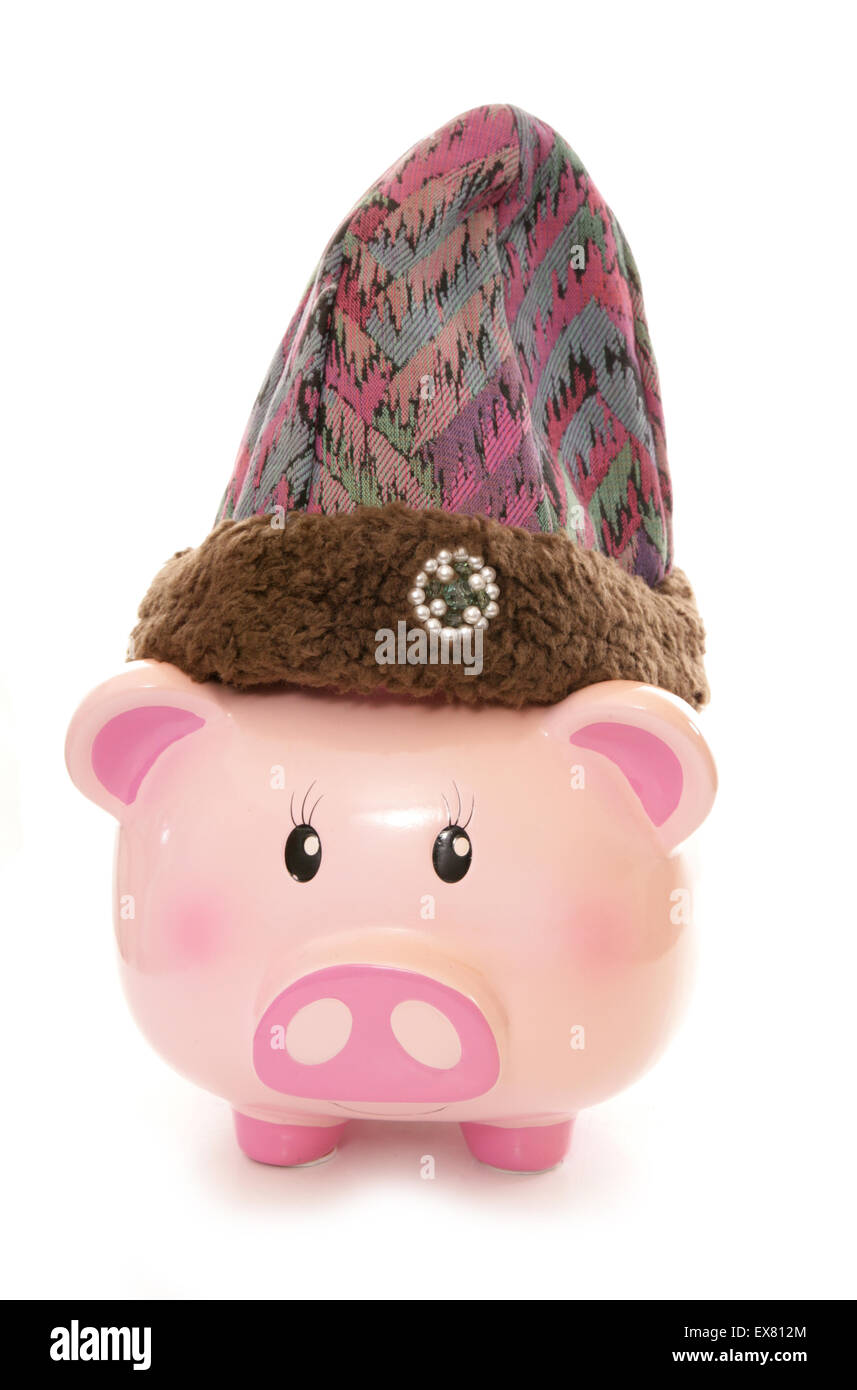 Piggy Bank tragen lila wolligen Hut Ausschnitt Stockfoto
