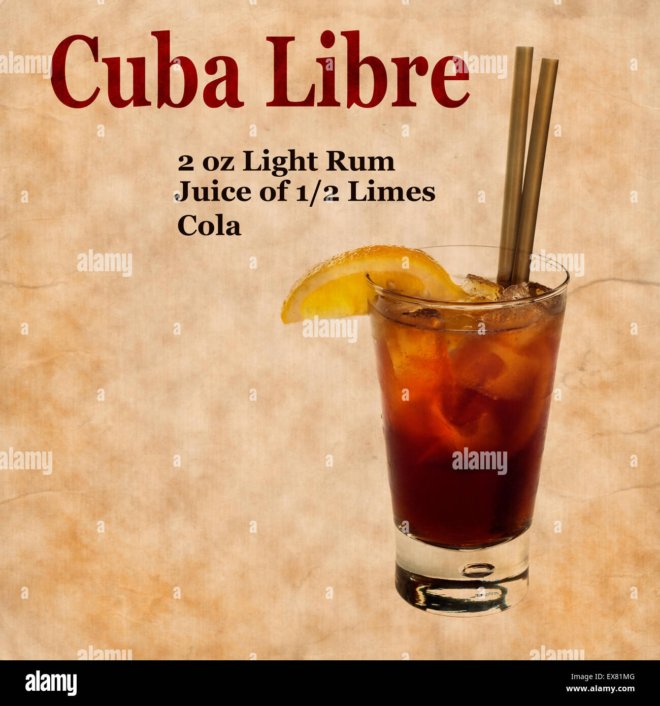 Alte, Vintage oder Grunge Rezept Notebook mit Cuba Libre cocktail auf der Seite. Platz für text Stockfoto