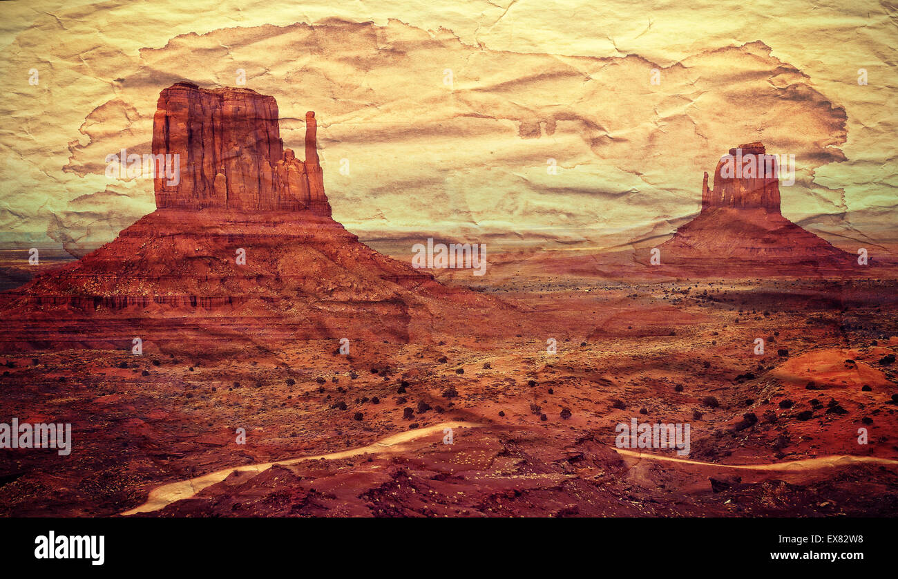 Monument Valley-Postkarte, Retro-alte Papier Effekt. Stockfoto