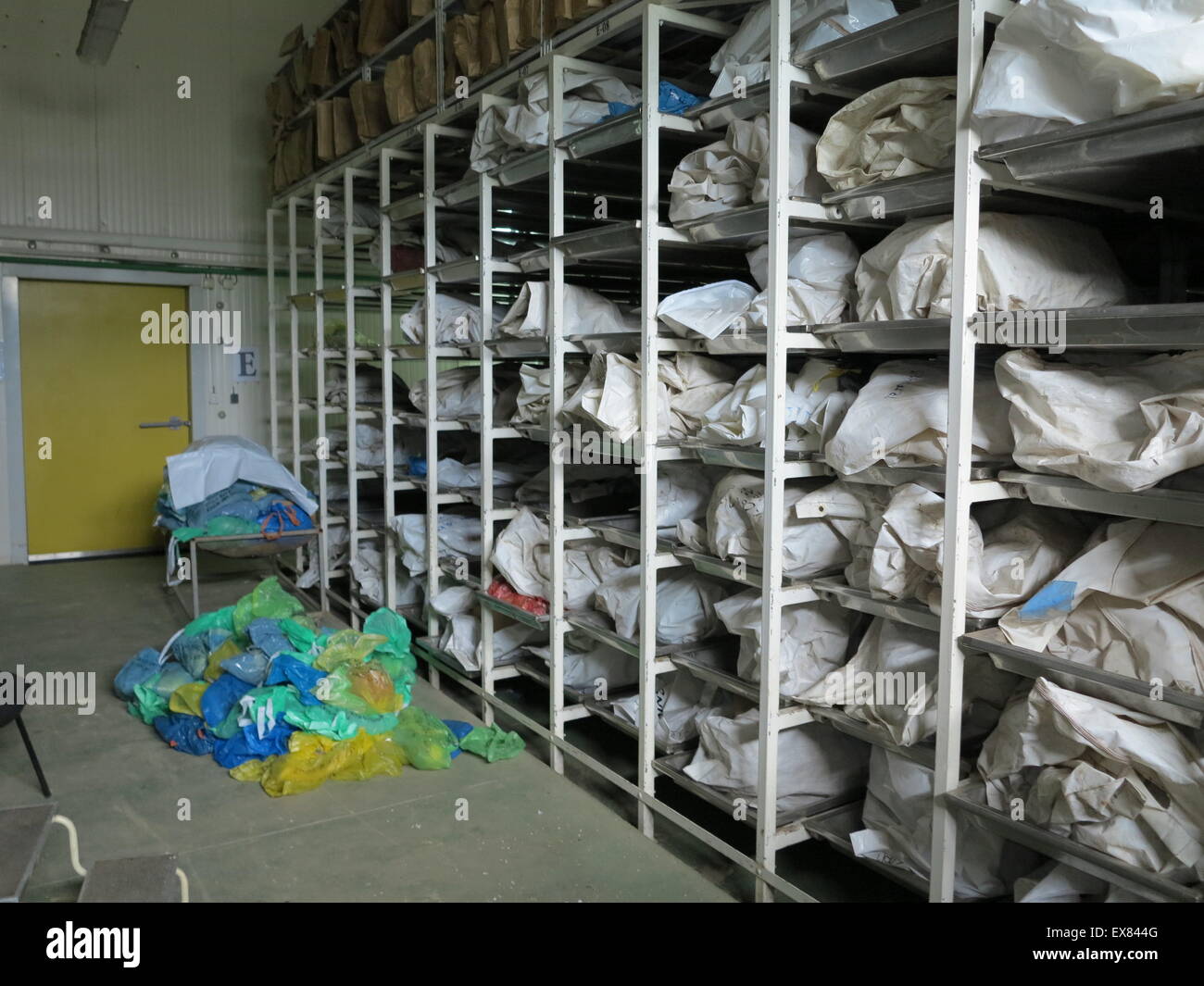 Hunderte von Plastiktüten mit Körperteilen von Opfern des Massakers von Srebrenica 1995 Lagern in einem Kühlraum des Zentrums Identifikation in Tuzla, Bosnien und Herzegowina, 16. Juni 2015. Die sterblichen Überreste der Opfer wurden exhumiert und werden durch abgestimmt auf DNA-Proben von Verwandten identifiziert werden. Foto: Thomas Brey/dpa Stockfoto