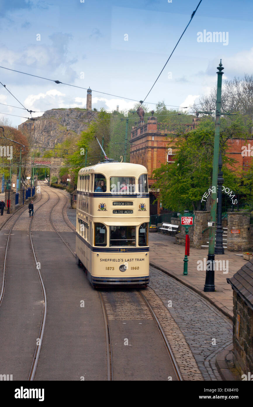 Die letzte Straßenbahn bis auf Sheffield Straßen zu laufen, im Jahr 1960 an der nationalen Straßenbahnmuseum Crich, Derbyshire, UK Stockfoto