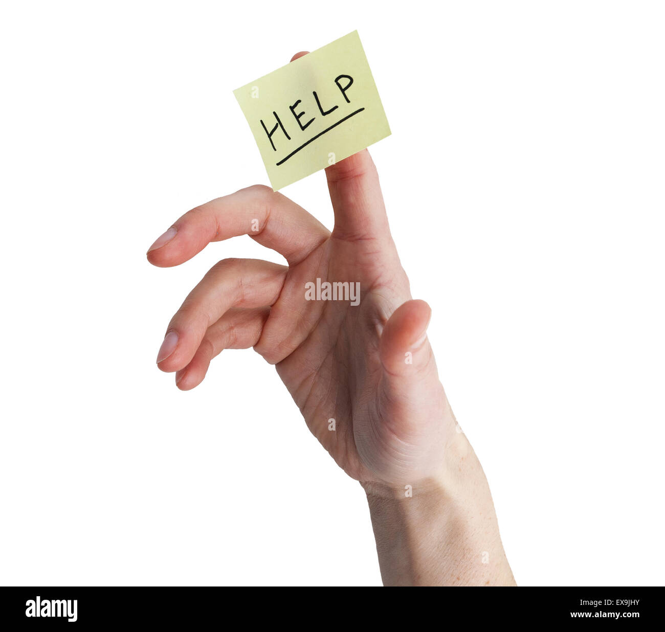 Hand mit gelben Hinweis klebte an Finger mit Hilfe darauf isoliert auf weiss Stockfoto