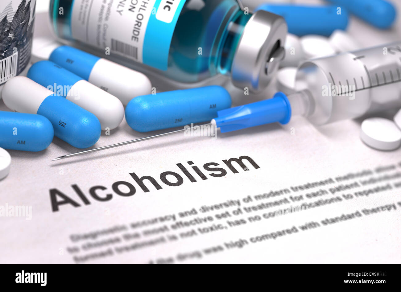 Diagnose - Alkoholismus. Medizinisches Konzept. 3D Render. Stockfoto