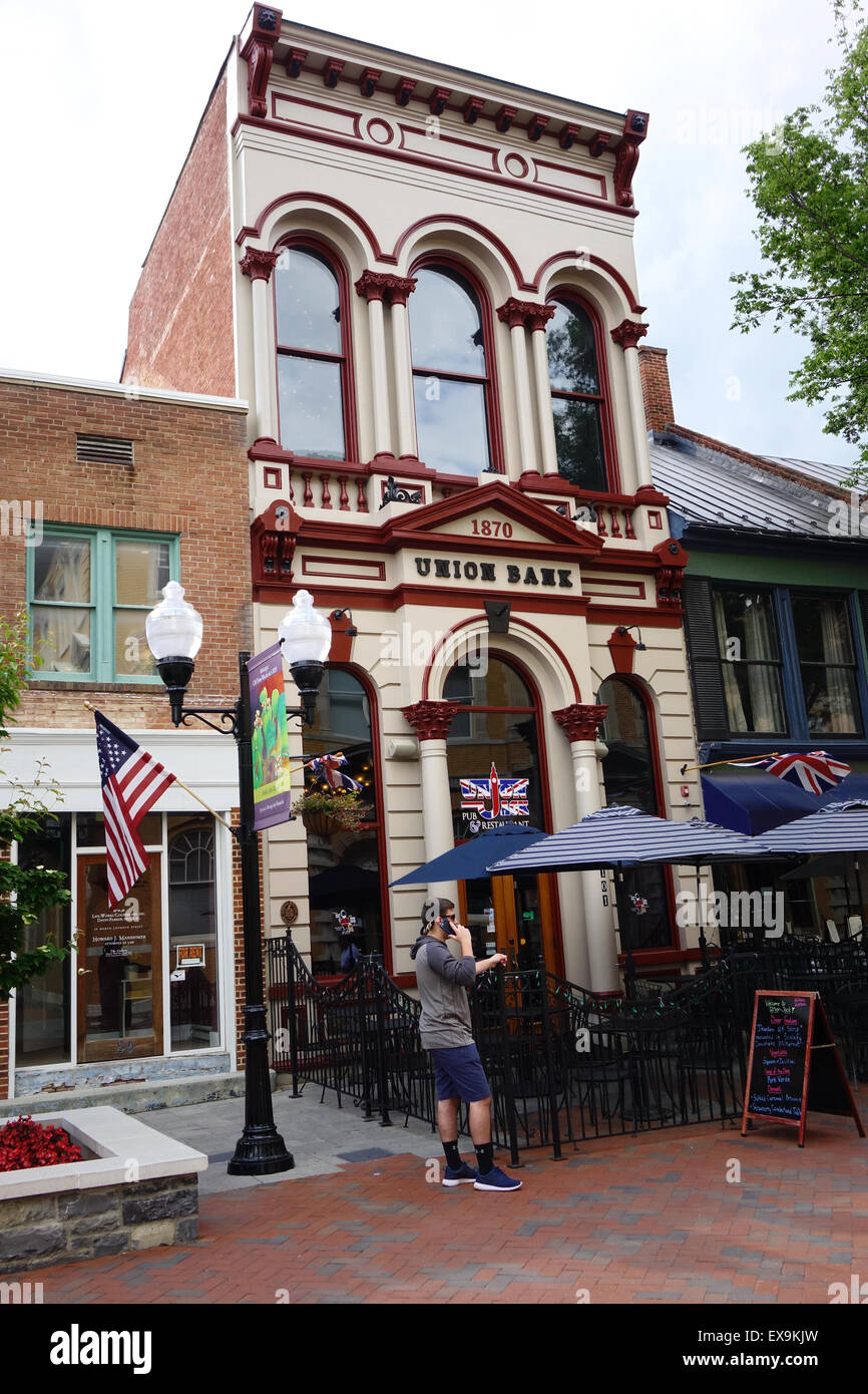 Union Jack-Pub und Restaurant in der 1870 Union Bankgebäude, Altstadt Fußgängerzone, Winchester, Virginia Stockfoto