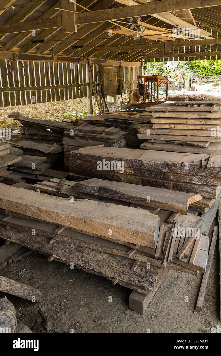 Holz wird Luft in einem holzschuppen in der Verlorenen Gärten von Heligan in Cornwall getrocknet. Stockfoto