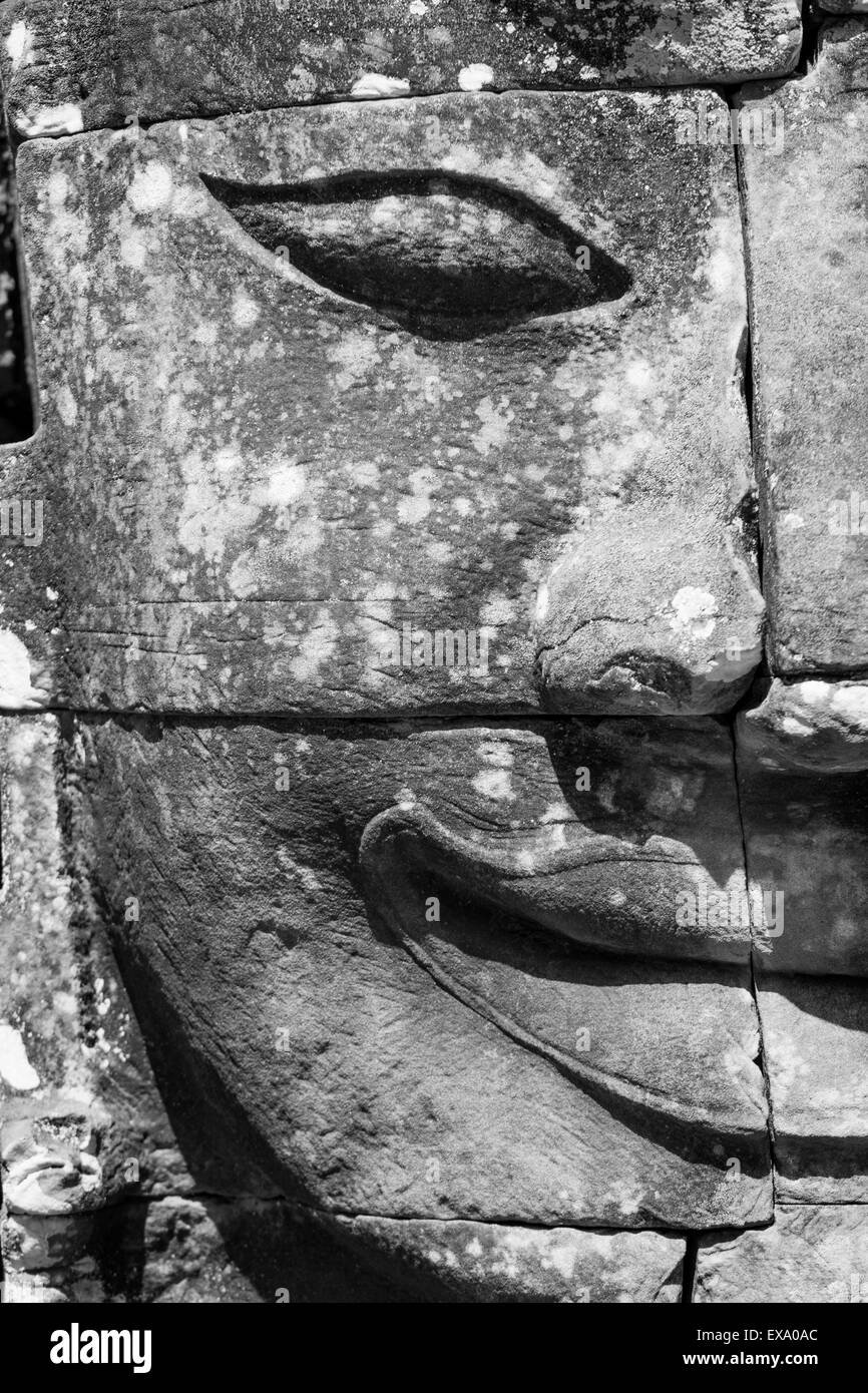 Asien, Kambodscha, Siem Reap, Steinschnitzereien aus dem 12. Jahrhundert buddhistischen König Jayavarman VII am Bayon Tempel in Angkor Wat Stockfoto