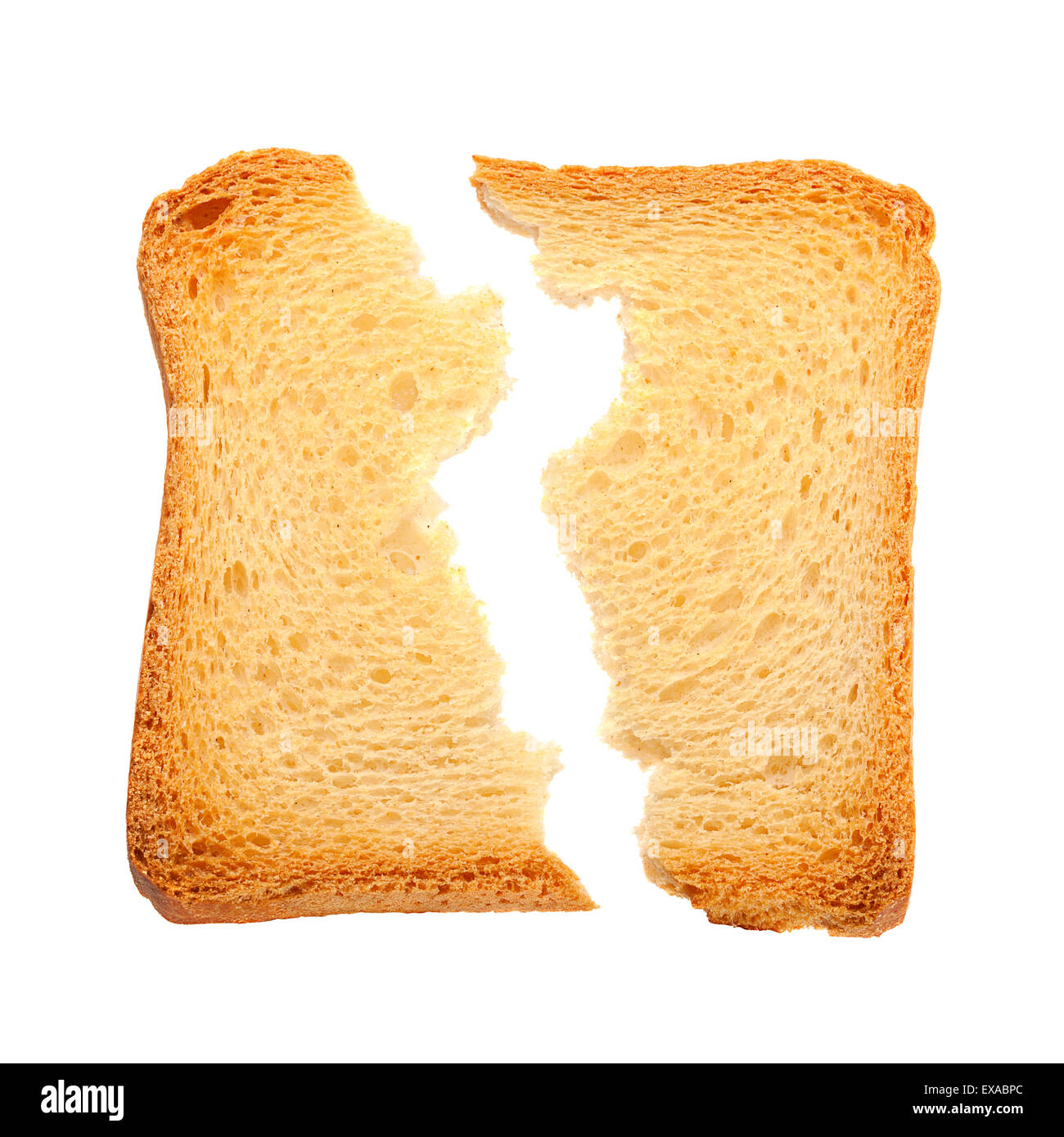 Geröstete Brotscheibe geknackt isolierten auf weißen Hintergrund Stockfoto