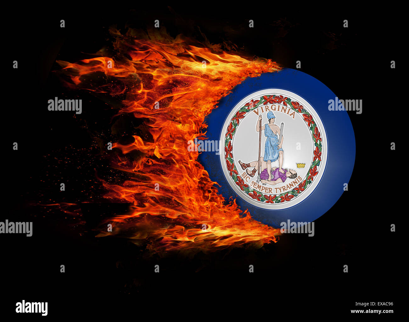 Konzept der Geschwindigkeit - US Zustand-Markierungsfahne mit einer Spur von Feuer - Virginia Stockfoto