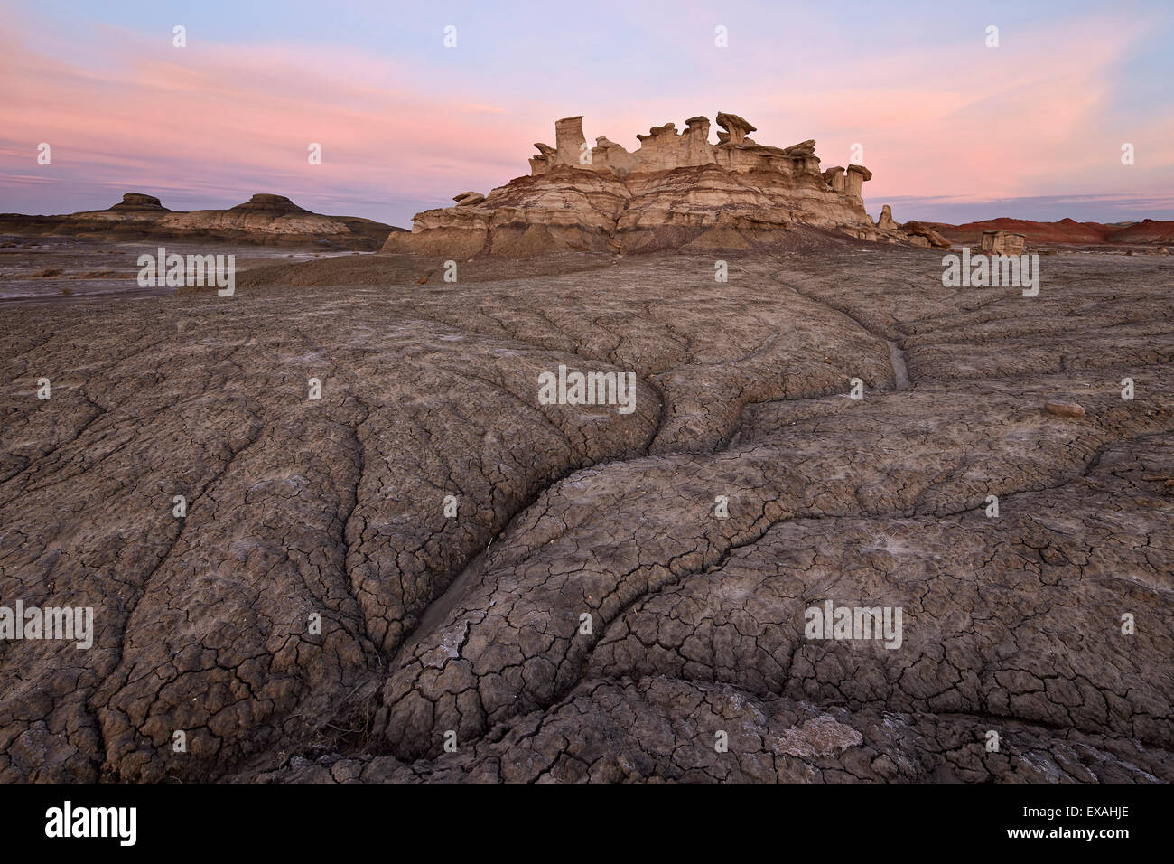Badlands im Morgengrauen, Bisti Wilderness, New Mexico, Vereinigte Staaten von Amerika, Nordamerika Stockfoto