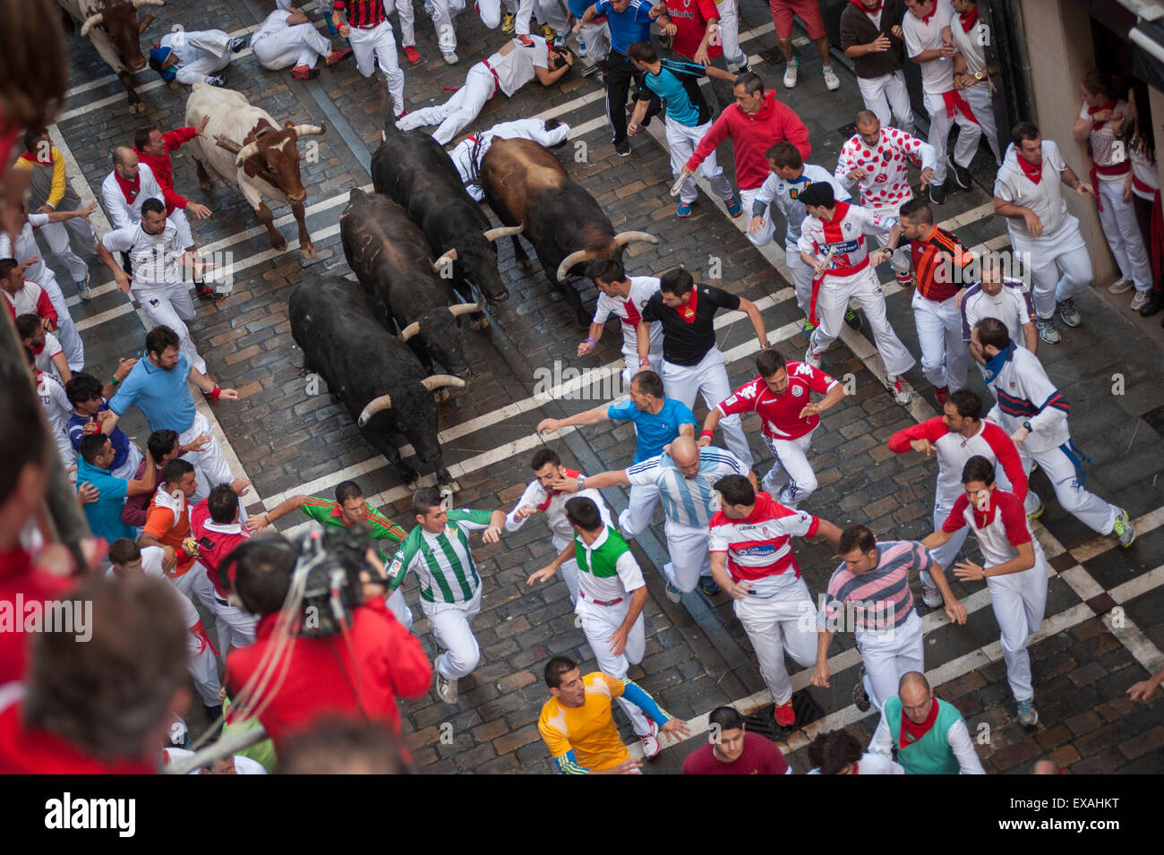 Laufen der Stiere, Festival von San Fermin, Pamplona, Navarra, Spanien, Europa Stockfoto