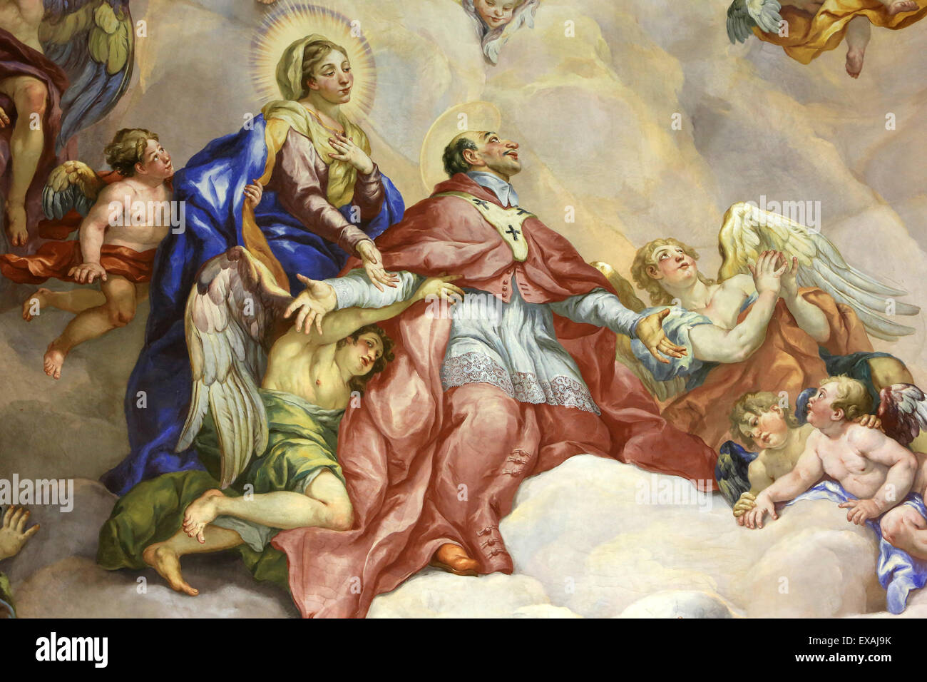 Fürbitte von Charles Borromeo, unterstützt von der Jungfrau Maria, Fresko von Johann Michael Rottmayrr, Karlskirche, Wien, Österreich Stockfoto