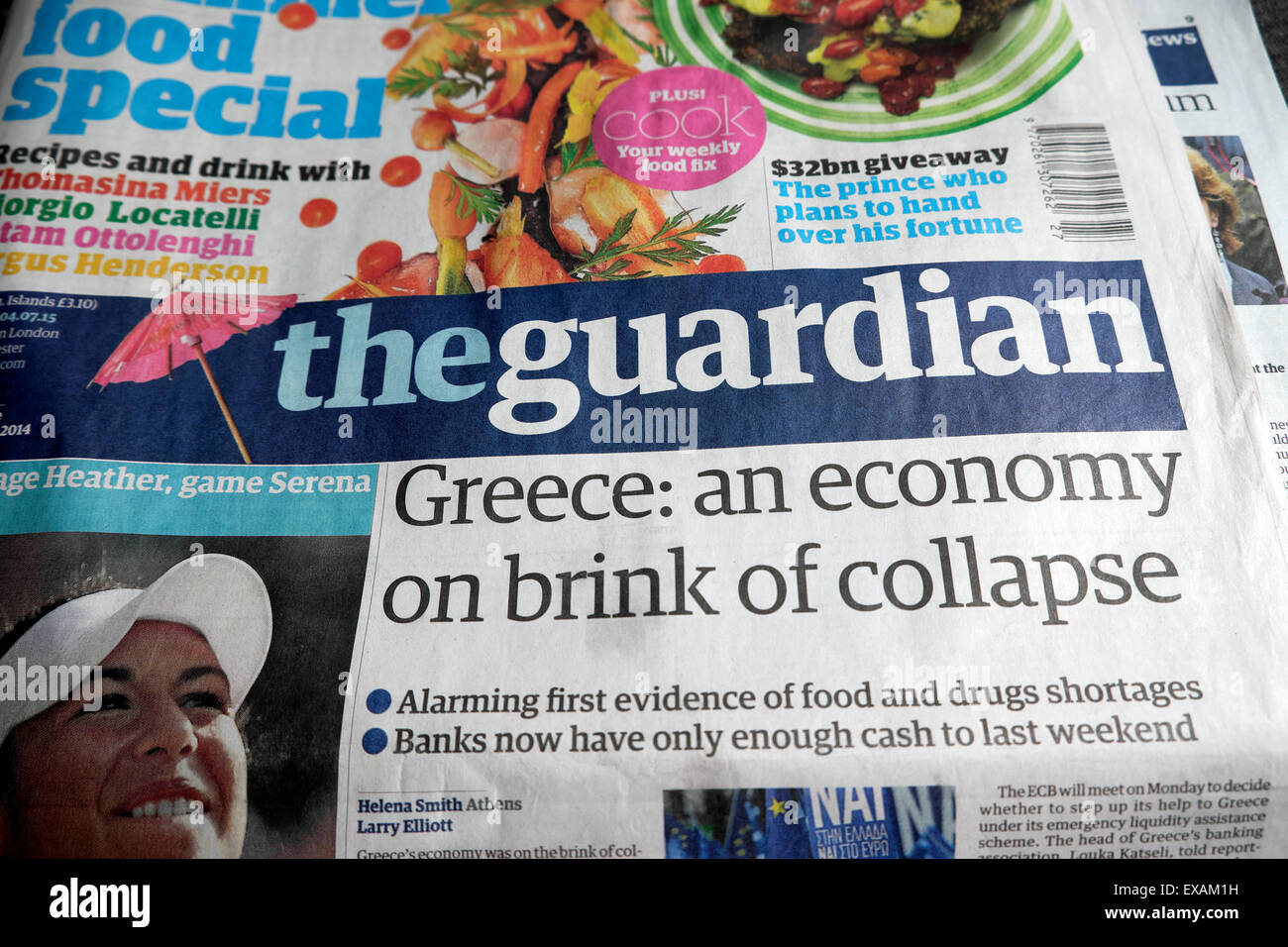 "Griechenland: eine Wirtschaft am Rande des Zusammenbruchs" Guardian Schlagzeile London UK 4. Juli 2015 Stockfoto