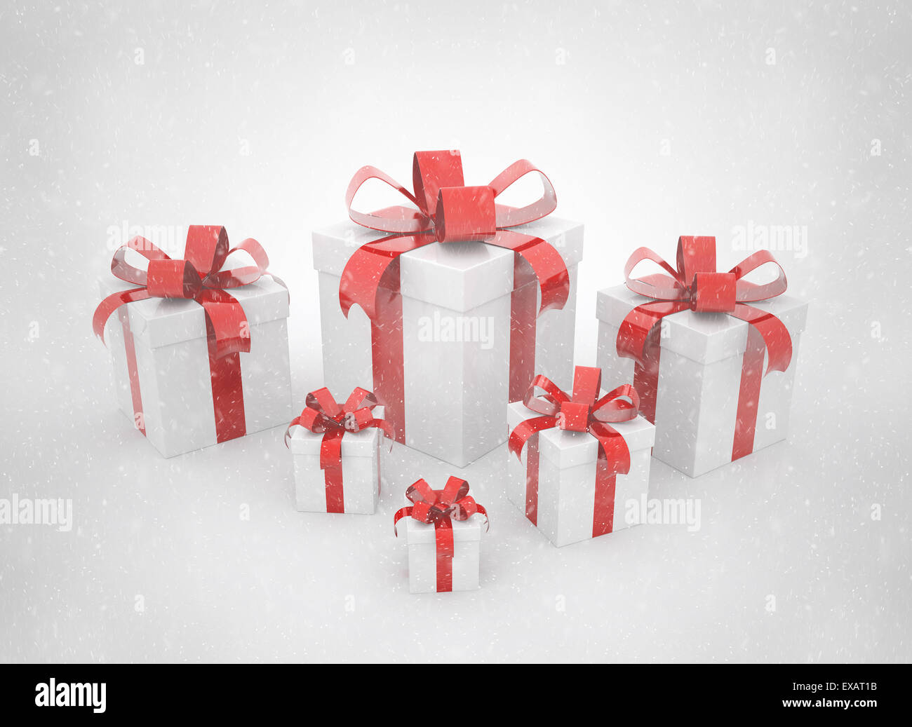 Gruppe von Red Ribbon Geschenkboxen Weihnachtsgeschenke Stockfoto