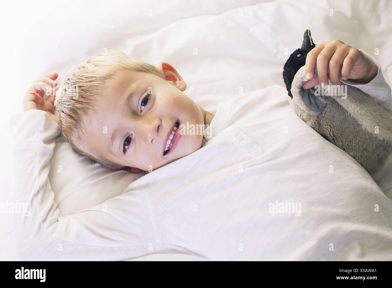 Junge liegend mit ausgestopften Pinguin, Porträt Stockfoto