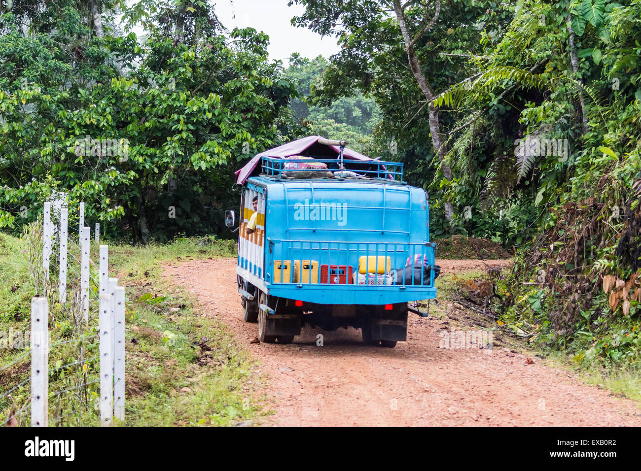Ein blauer Bus auf Feldweg, für Nahverkehr im ländlichen Gebiet von Ecuador verwendet. Stockfoto