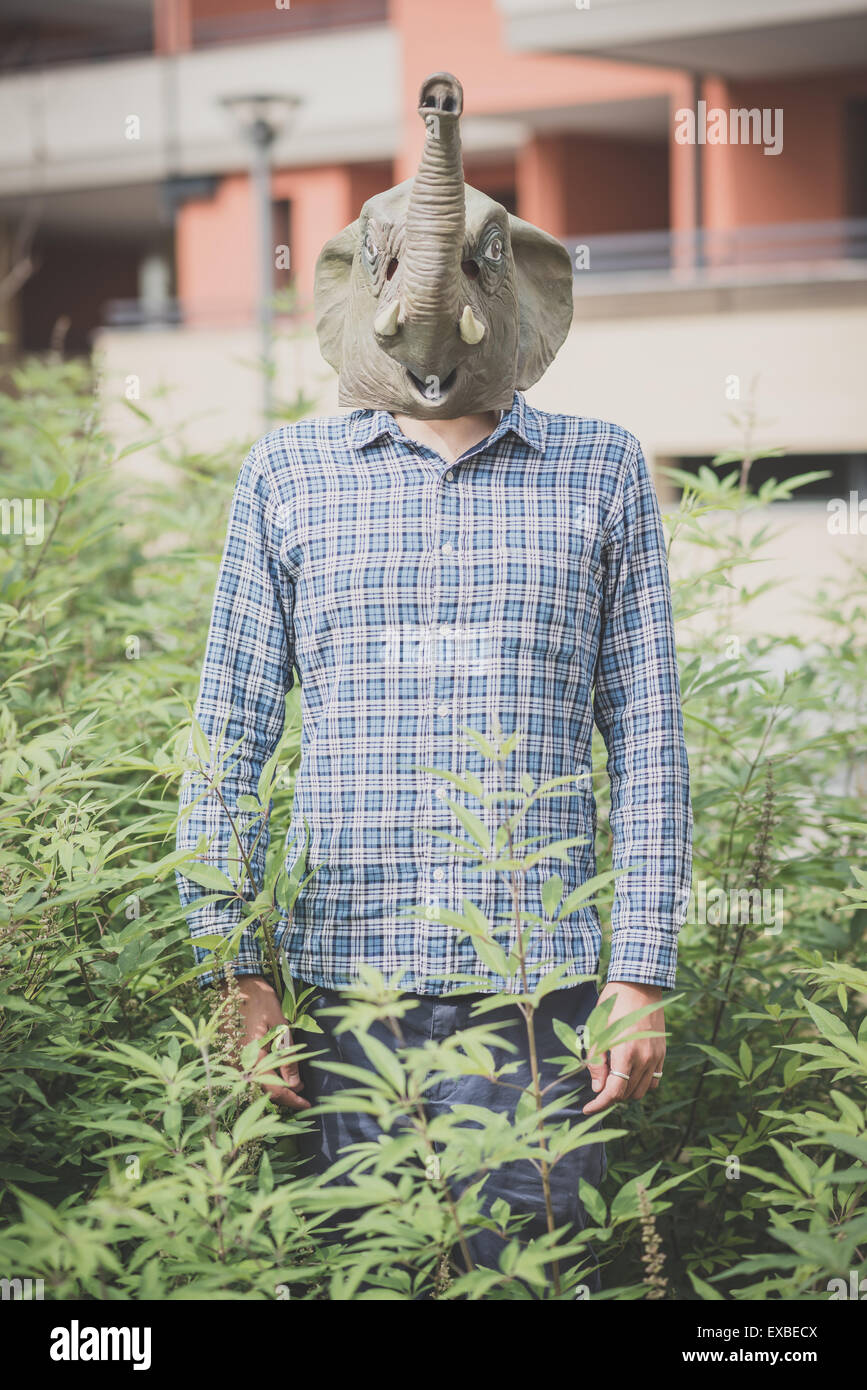 Elefant Maske absurde Mensch in den Pflanzen Stockfoto