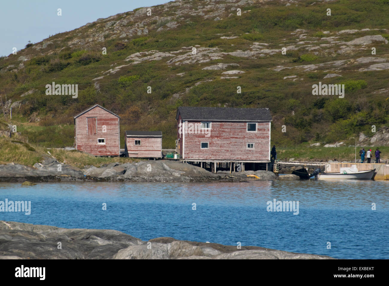 Gebäude entlang der Küste von Neufundland. Stockfoto
