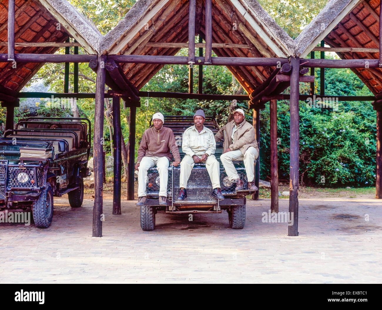 Führer und Fahrer, die darauf warten, das Abendspiel beginnen fahren in Bongani Mountain Lodge in Südafrika Stockfoto