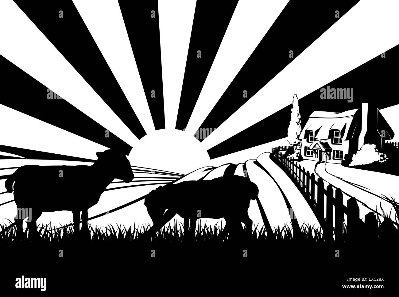 Ein Bauernhof Haus Ferienhaus in einer idyllischen Landschaft mit sanften Hügeln mit zwei Schafen im Vordergrund Stockfoto