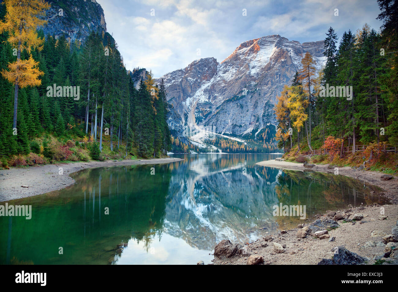 Herbst in den Alpen. Idyllischer See umgeben von bunten Wald in den italienischen Alpen während Herbstmorgen. Stockfoto