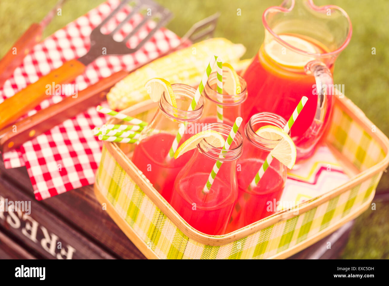 Sommer-Picknick mit kleinen Holzkohlegrill im Park. Stockfoto