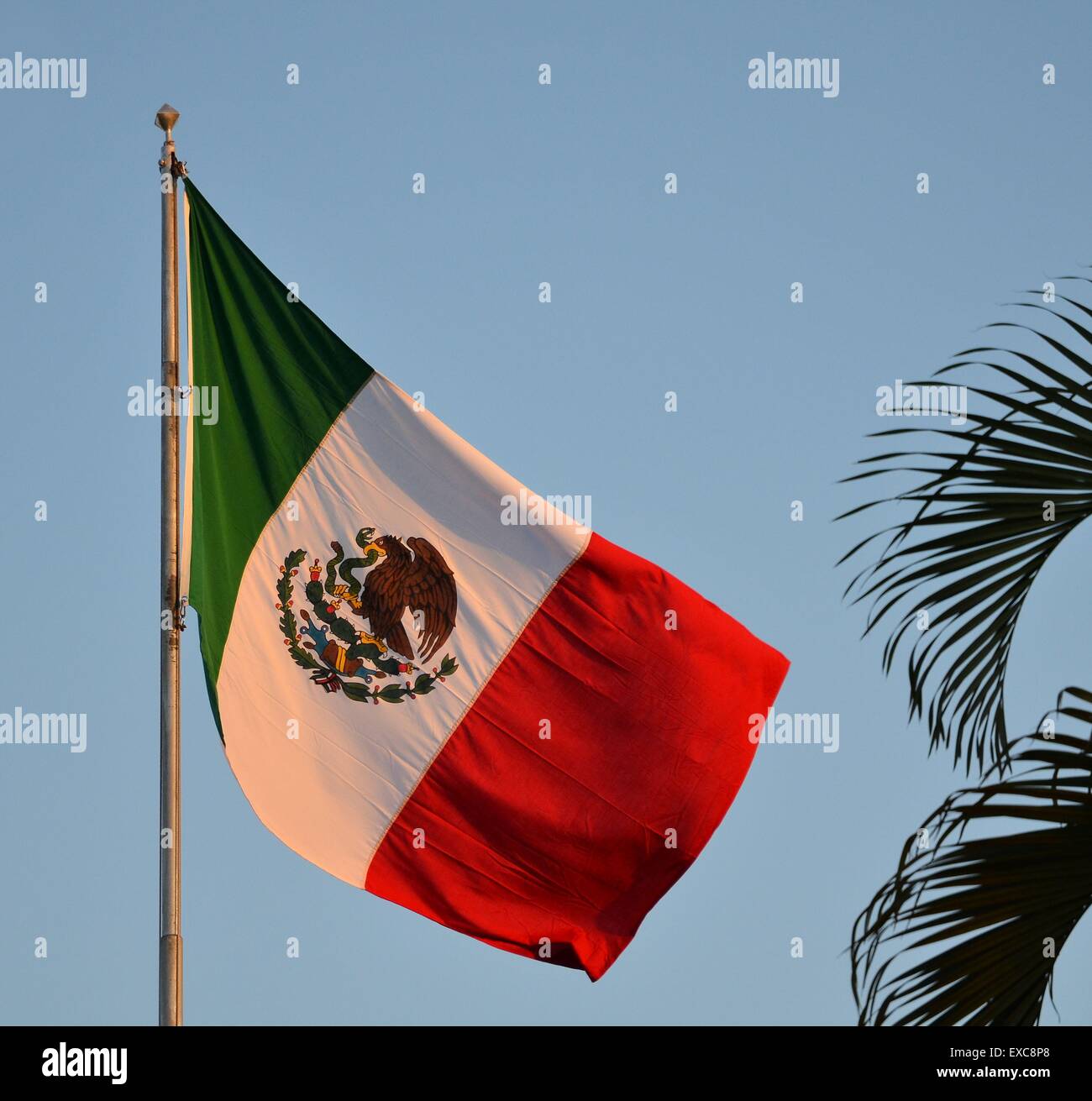 Zoom der mexikanischen Flagge bei Sonnenuntergang auf Yukatan Stockfoto