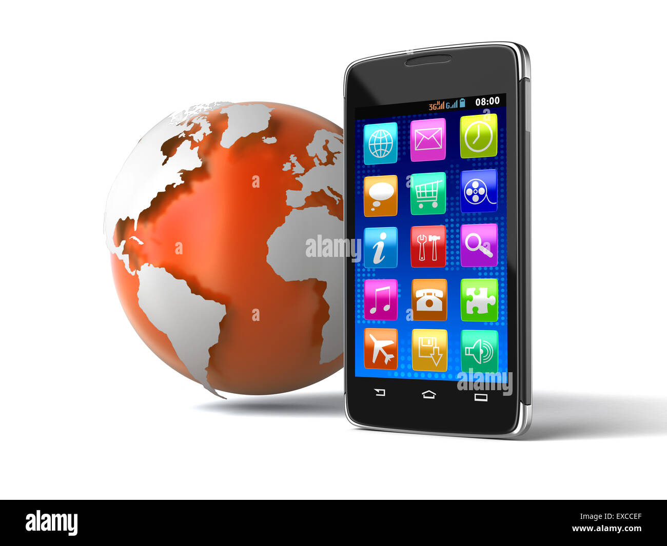 Touchscreen-Smartphone und Globe (Clipping-Pfad enthalten) Stockfoto