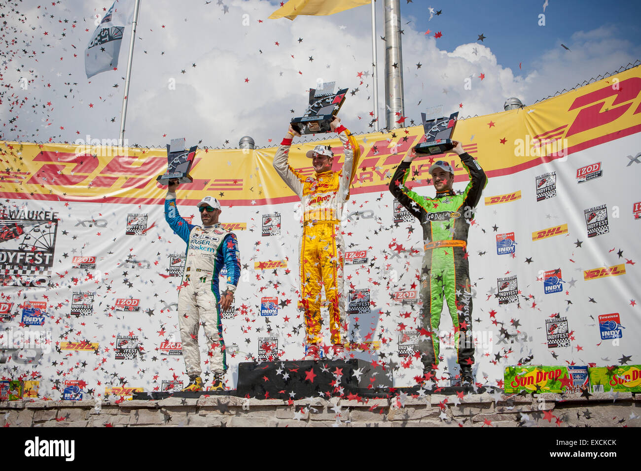 von links nach rechts: Rang 2, Tony Kanaan; Gewinner Ryan Hunter-Reay; Dritter Platz James Hinchcliffe Stockfoto