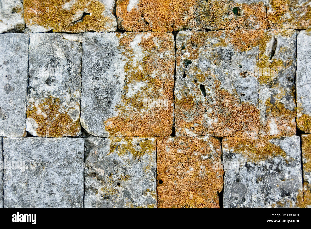 Nahaufnahme der raue, strukturierte moosigen Steinmauer Stockfoto