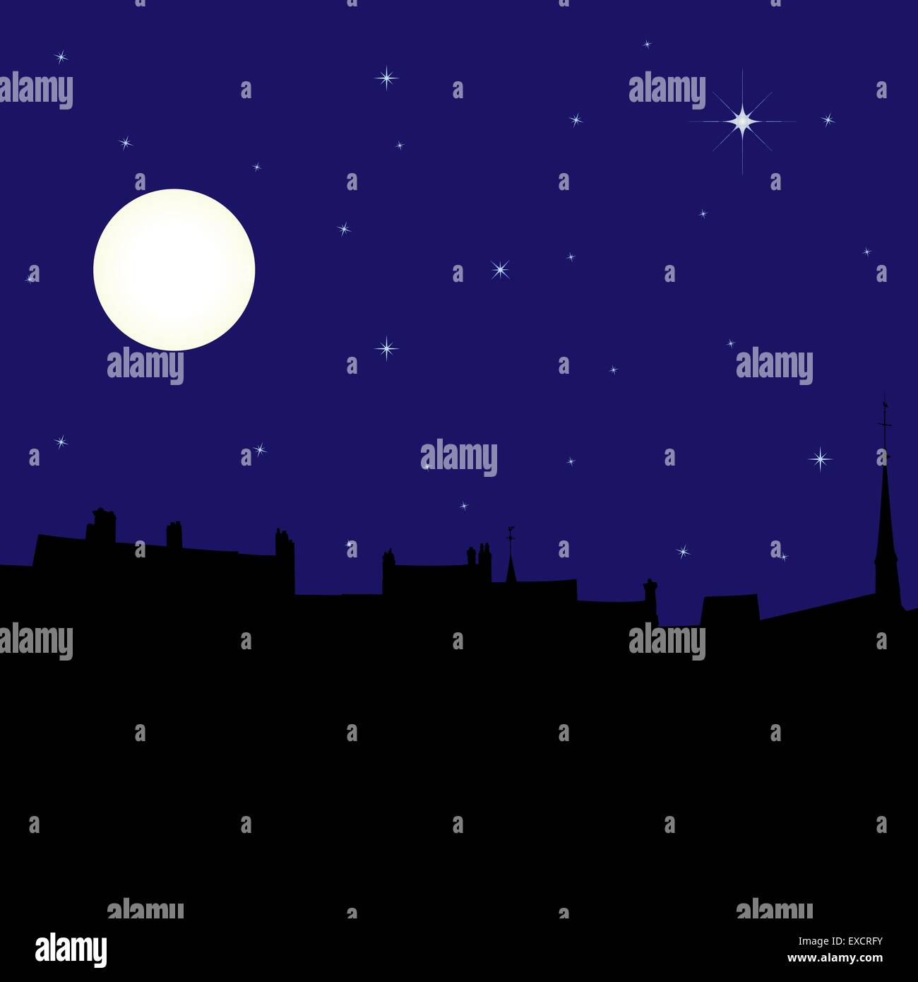 Silhouette der Stadt in der Nacht vor dem Hintergrund der Mond und Sternenhimmel, Vektor-illustration Stock Vektor