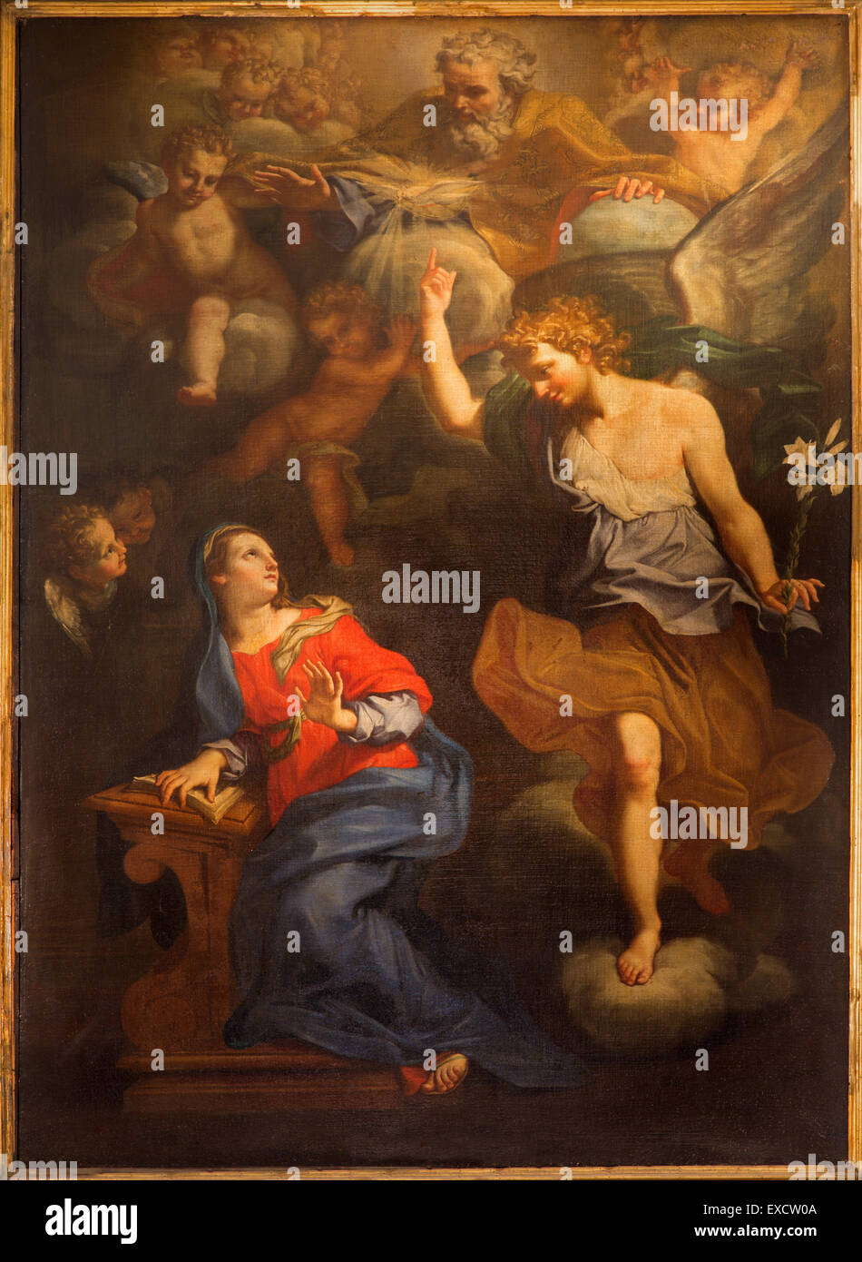 Rom, Italien - 26. März 2015: Die Verkündigung Farbe auf dem Hauptaltar der Kirche Chiesa di Santa Maria Annunziata von unbekannten Kunst Stockfoto
