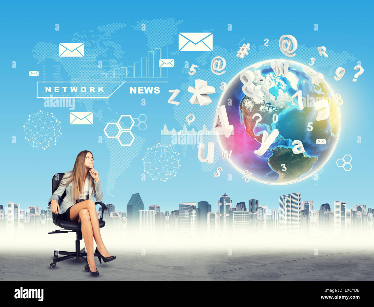 Frau im Sessel sitzen und mit Blick auf die Erde Stockfoto