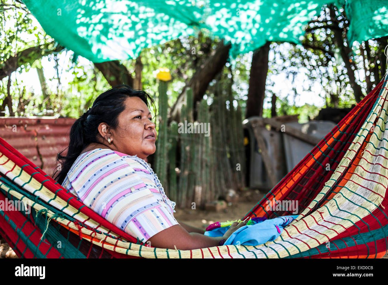Frau mittleren Alters Wayuu indigenen stricken in einem "Chinchorro" oder  kolumbianischen Hängematte. Stricken, häkeln und Weben sind funda  Stockfotografie - Alamy
