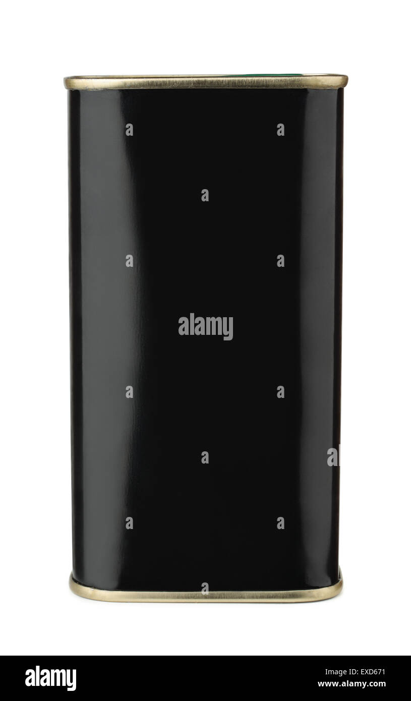 Schwarzer Zinn Container Olivenöl isoliert auf weiss Stockfoto