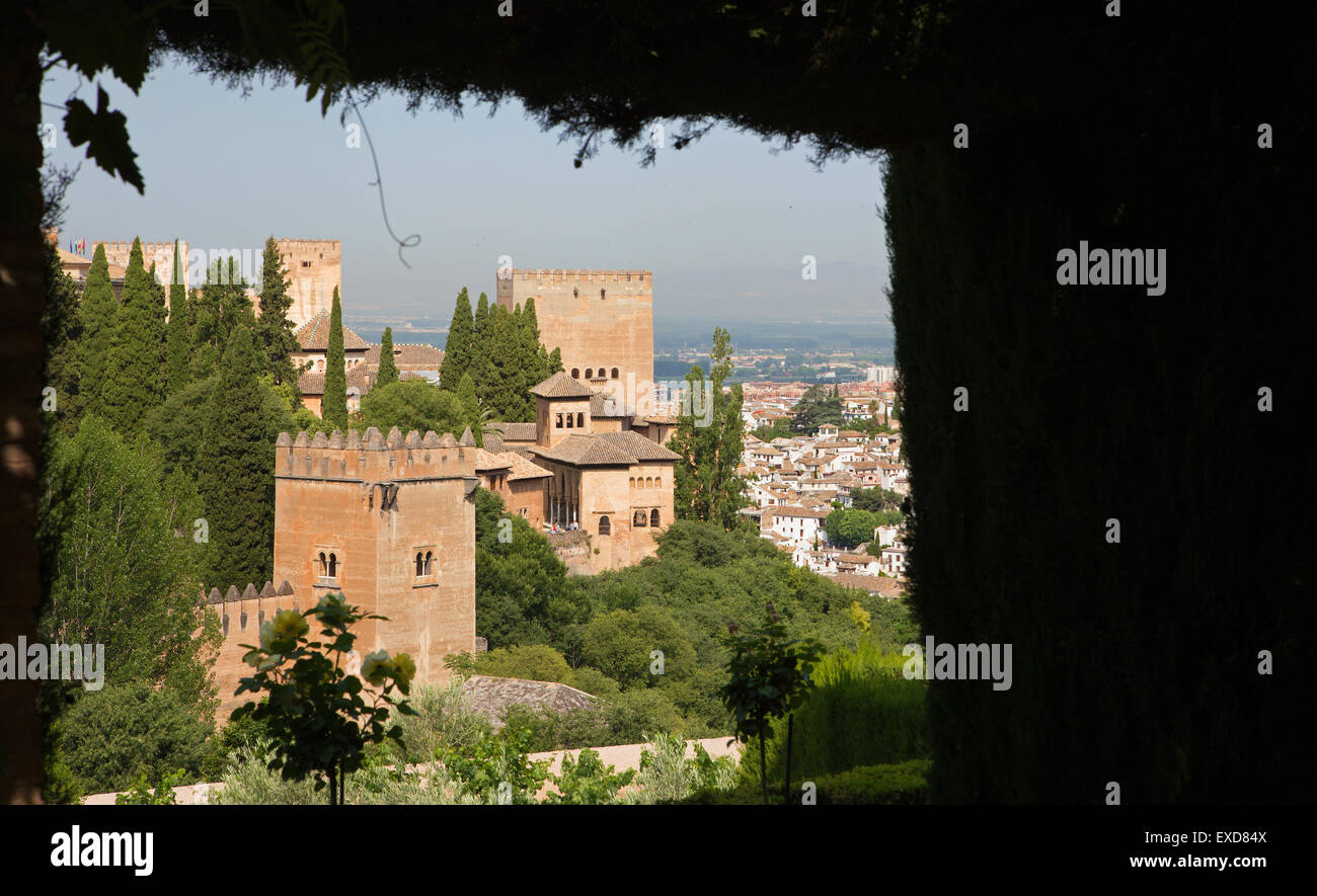 Granada - die Aussichten über die Alhambra Generalife Gärten. Stockfoto