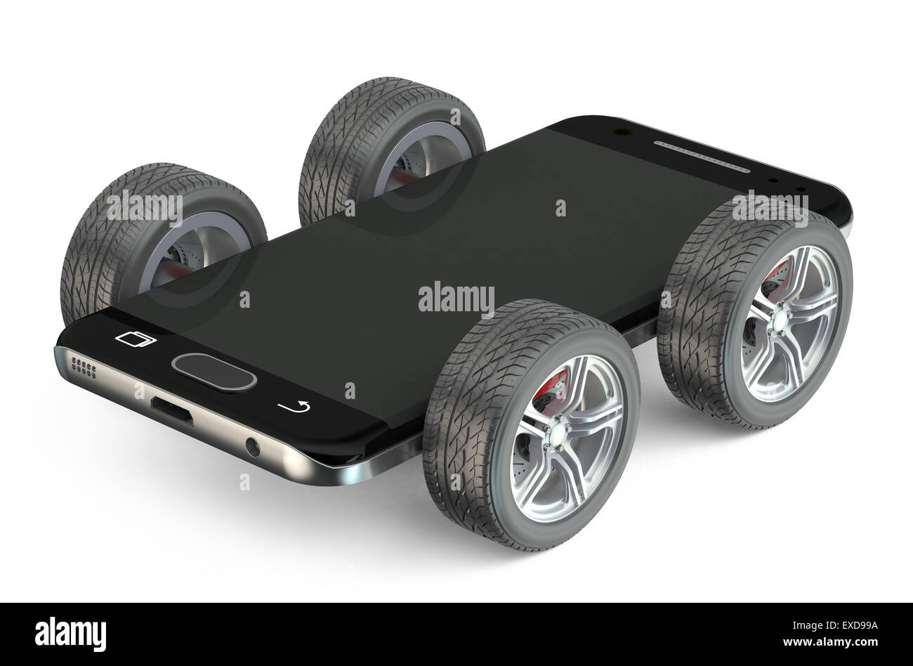 Smartphone auf Rädern isoliert auf weißem Hintergrund Stockfoto