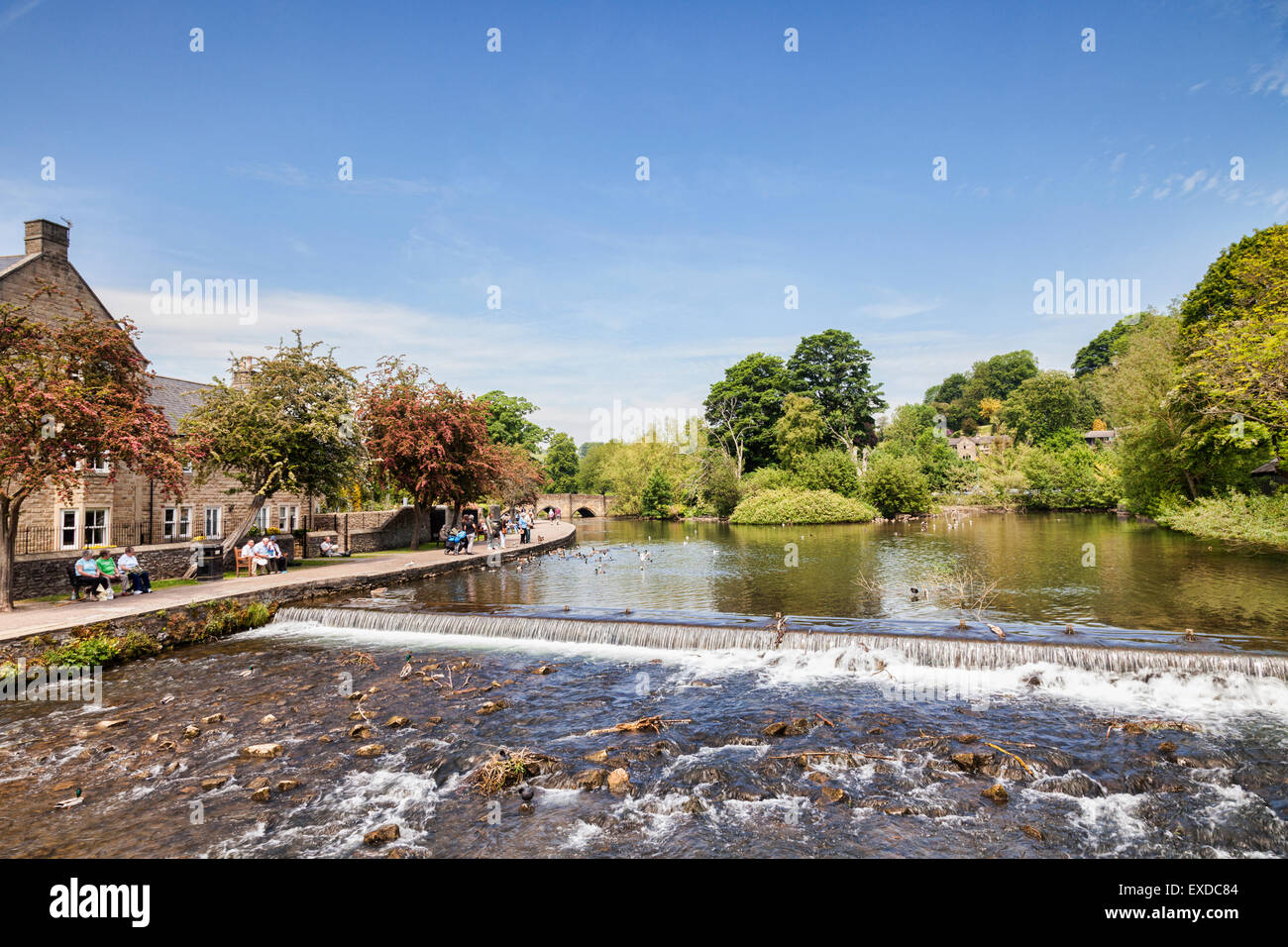 Das Wehr und der Fluss Wye in Bakewell, Derbyshire, England. Stockfoto