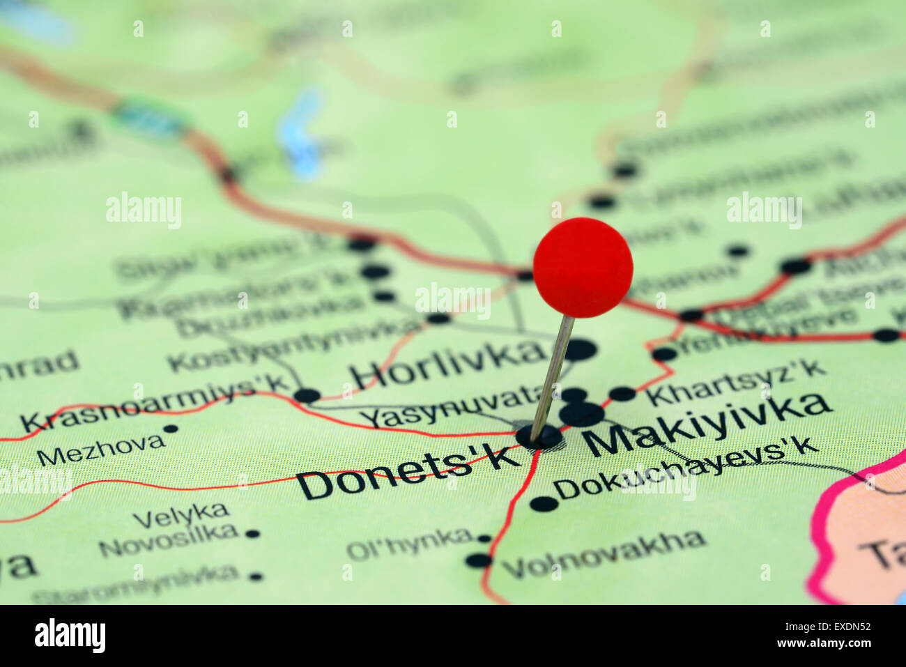 Donezk, fixiert auf einer Karte von Europa Stockfoto