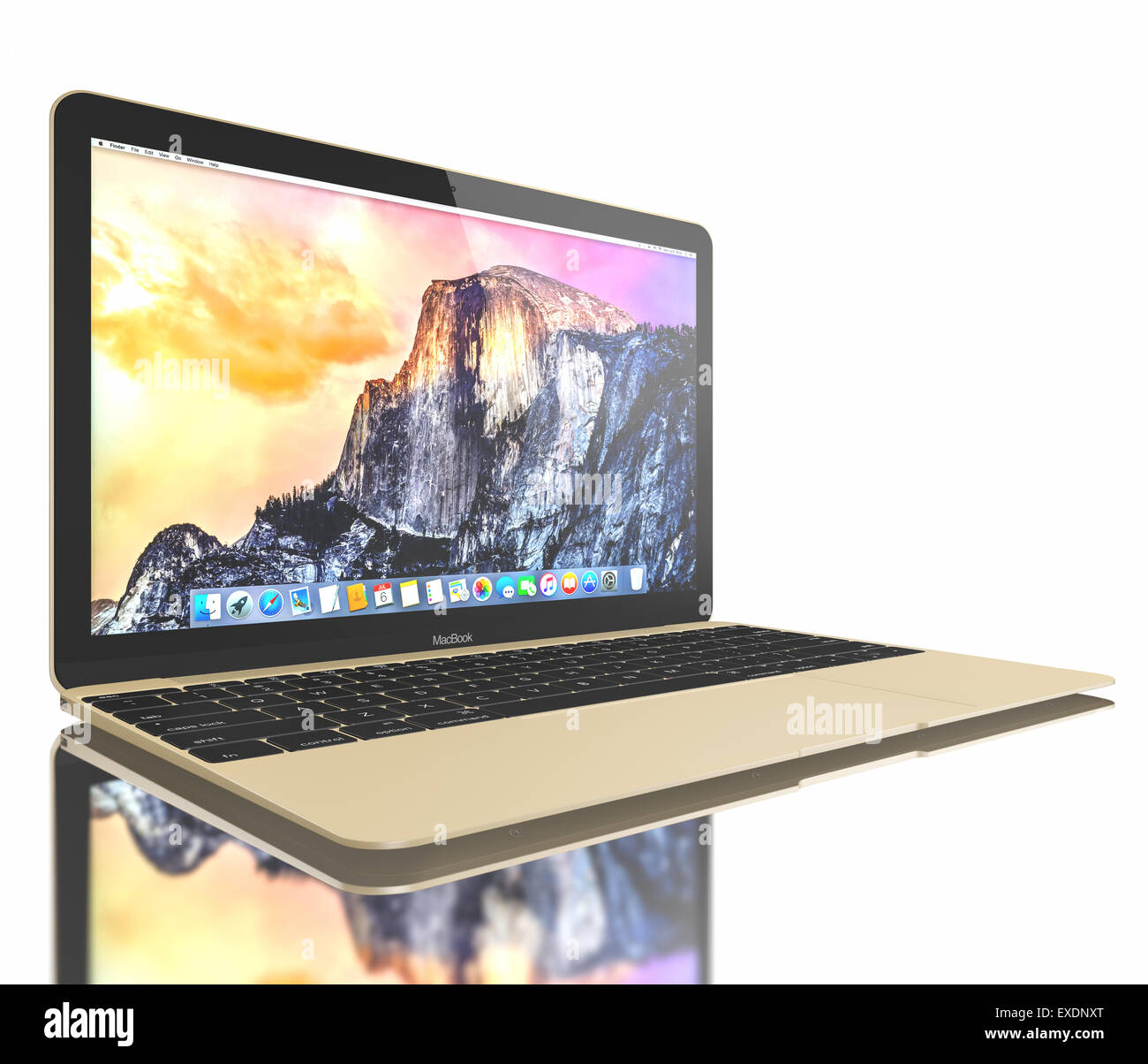 Neue Silber-MacBook mit OS X Yosemite. Es hat ein 12-Zoll-Retina-Display mit einer Auflösung von 2304 x 1440. Stockfoto