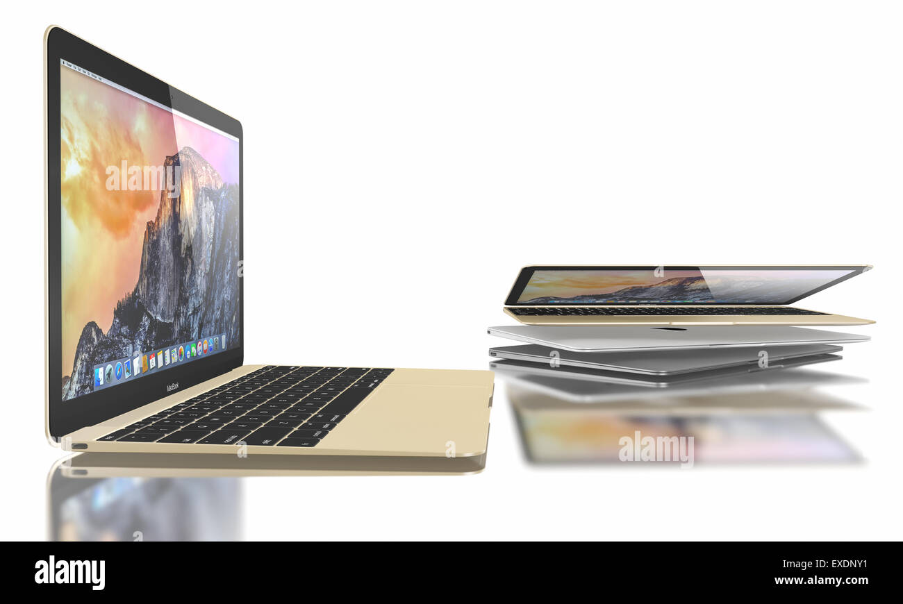 Neue Silber-MacBook mit OS X Yosemite. Es hat ein 12-Zoll-Retina-Display mit einer Auflösung von 2304 x 1440. Stockfoto