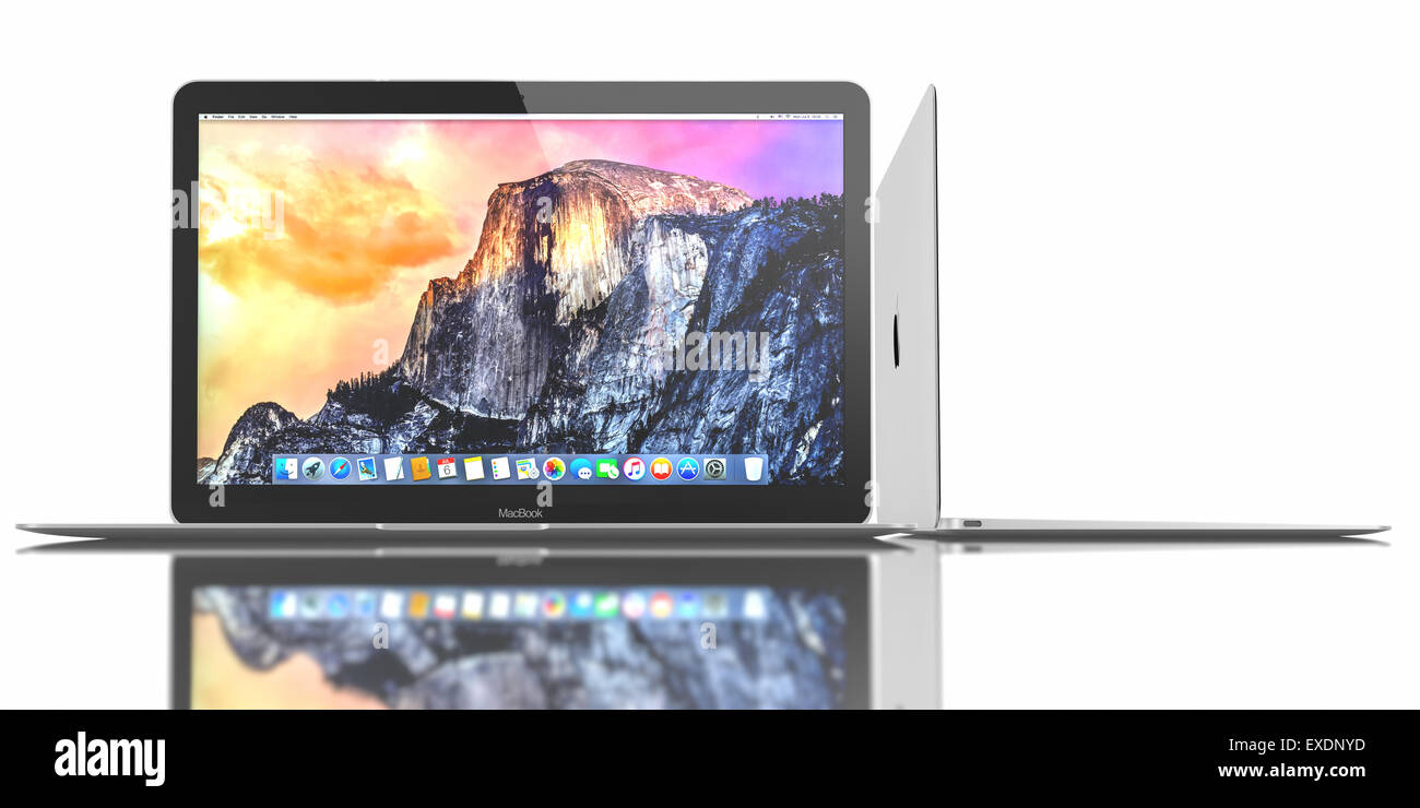 Neue Silber-MacBook mit OS X Yosemite. Es hat ein 12-Zoll-Retina-Display mit einer Auflösung von 2304 x 1440. Stockfoto